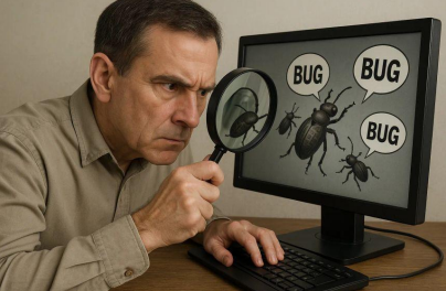 The image illustrates the idea of “bug hunting,” highlighting the investigative work required to identify errors, understand their causes, and fix them accurately.