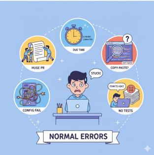 The illustration shows some of the most common mistakes faced by beginners in real projects, such as large PRs, copying code without understanding, lack of testing, and configuration difficulties.