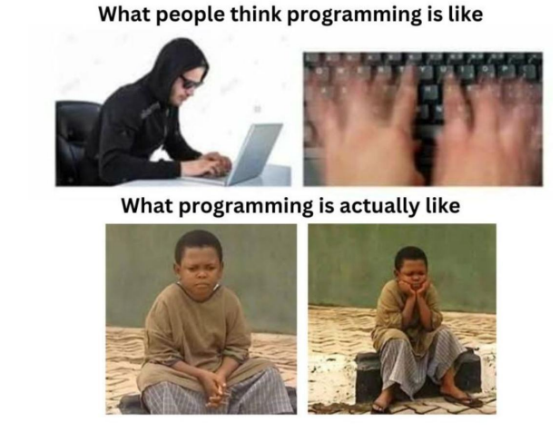 The meme contrasts the stereotypical view of programming—associated with speed and intensity—with the more common reality: long moments of waiting, analysis, and reflection when dealing with problems.